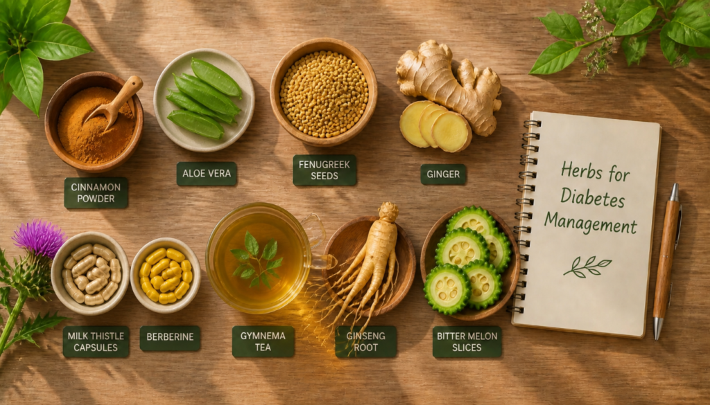 A flat‑lay display of labeled herbs and natural ingredients used for blood sugar support, including cinnamon, aloe, berberine, fenugreek, ginger, milk thistle, gymnema, ginseng, and bitter melon, arranged beside an open notebook titled “Herbs for Diabetes Management.”