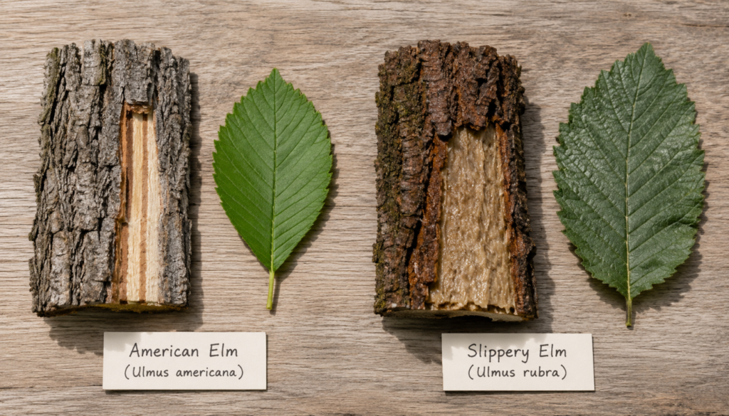 American elm and slippery elm samples displayed side by side, each with a piece of bark and a serrated green leaf labeled with its species name.