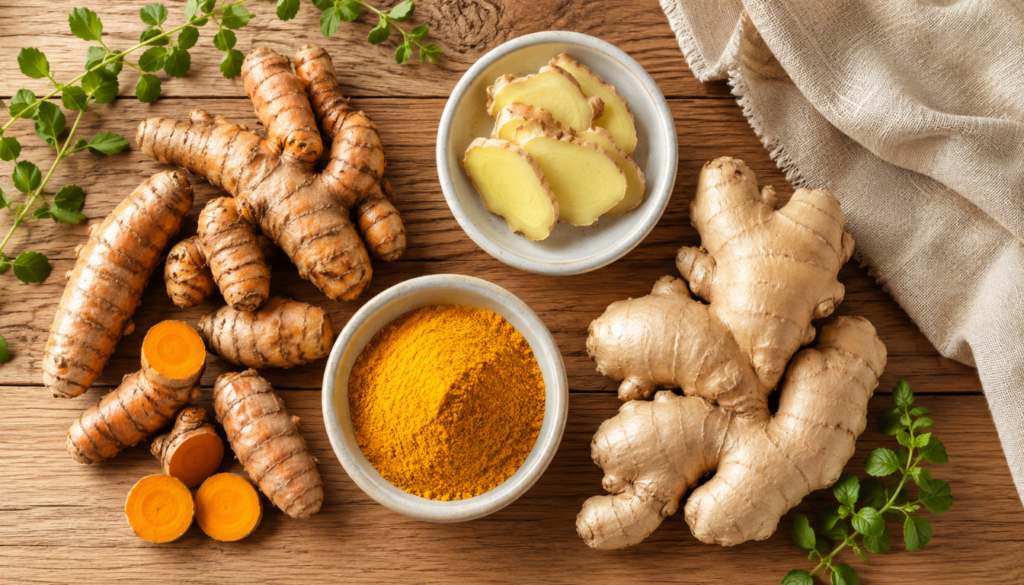 Fresh turmeric and ginger roots arranged on a wooden surface with sliced pieces, turmeric powder, and green leaves.
