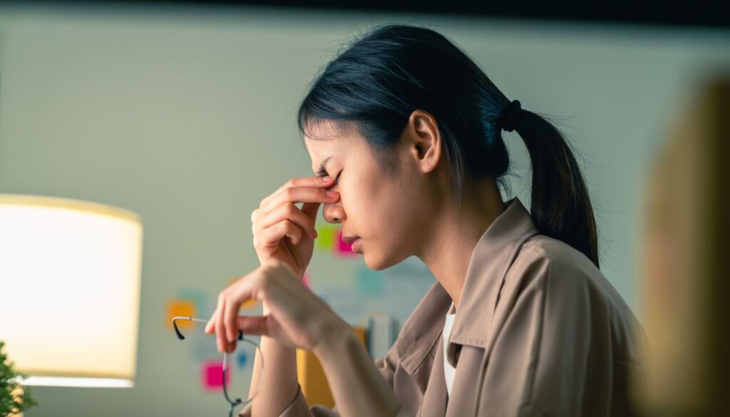 A person seated at a desk holds eyeglasses in one hand and presses their temple with the other under a warm desk lamp, with colorful sticky notes on the wall behind.