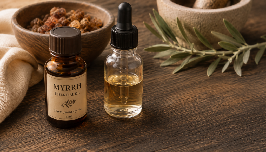 A small amber bottle of myrrh essential oil sits beside a glass dropper bottle filled with pale yellow liquid. Behind them are bowls of dried myrrh resin and a sprig of green leaves arranged on a rustic wooden table.