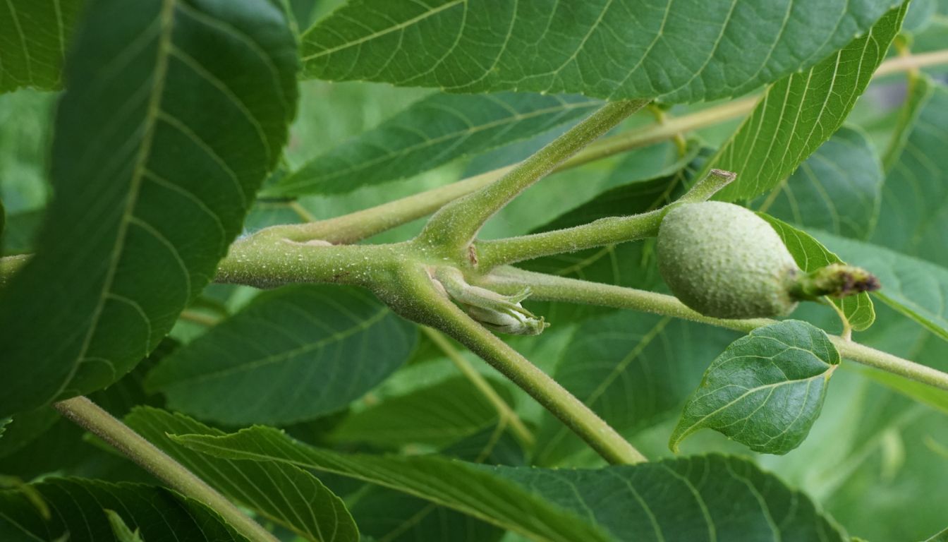 Young black walnut fruit in early development, surrounded by elongated green leaves with prominent veins.