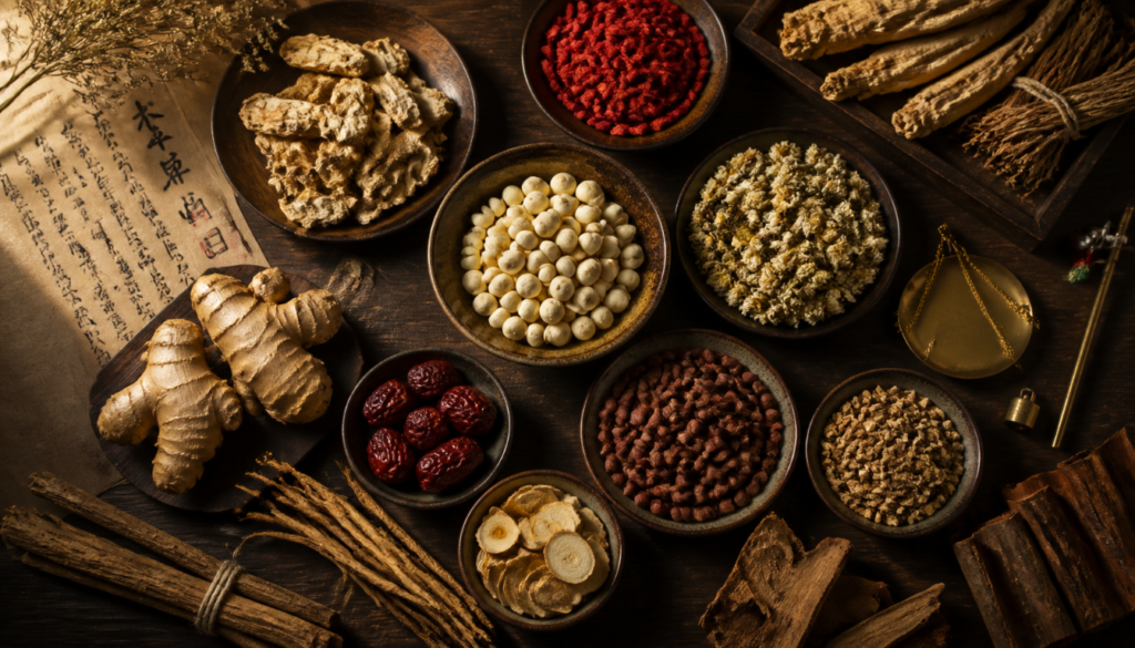 A variety of traditional Chinese medicinal herbs, roots, berries, and flowers arranged in bowls on a wooden surface, with a brass balance scale and a scroll of Chinese calligraphy in the background.