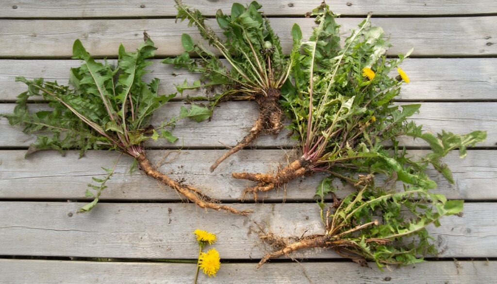 Uprooted dandelion plants with full roots, leaves, and yellow flowers laid out on a wooden surface.