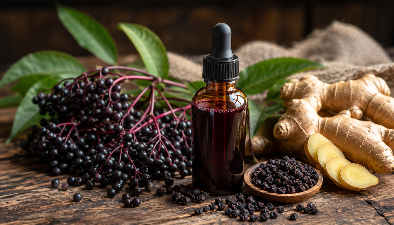 Elderberries, ginger, and a small amber dropper bottle of homemade elderberry tincture arranged on a rustic wooden surface.