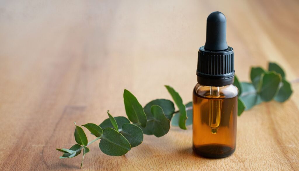 Amber glass dropper bottle with eucalyptus leaves on a wooden surface, representing natural eucalyptus oil.