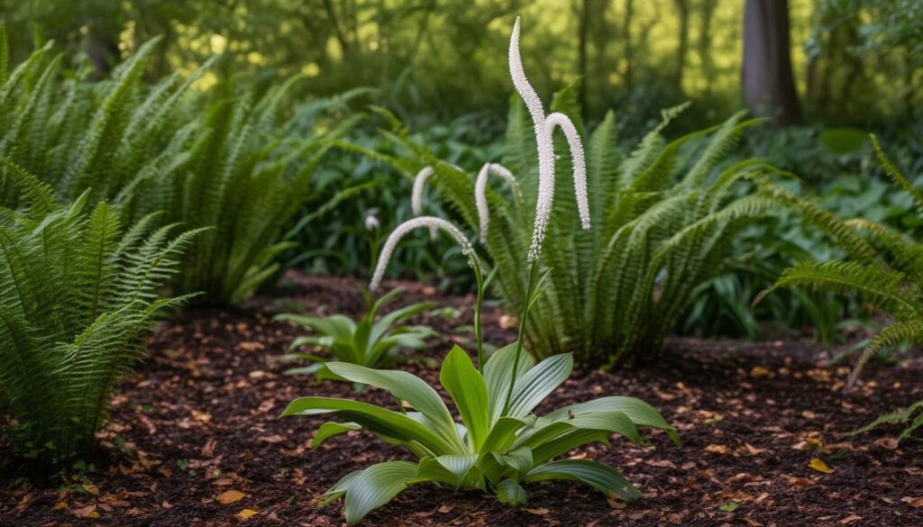 Tall flowering stalk of False Unicorn Root (Chamaelirium luteum) with small white blossoms and narrow green leaves in a woodland setting.