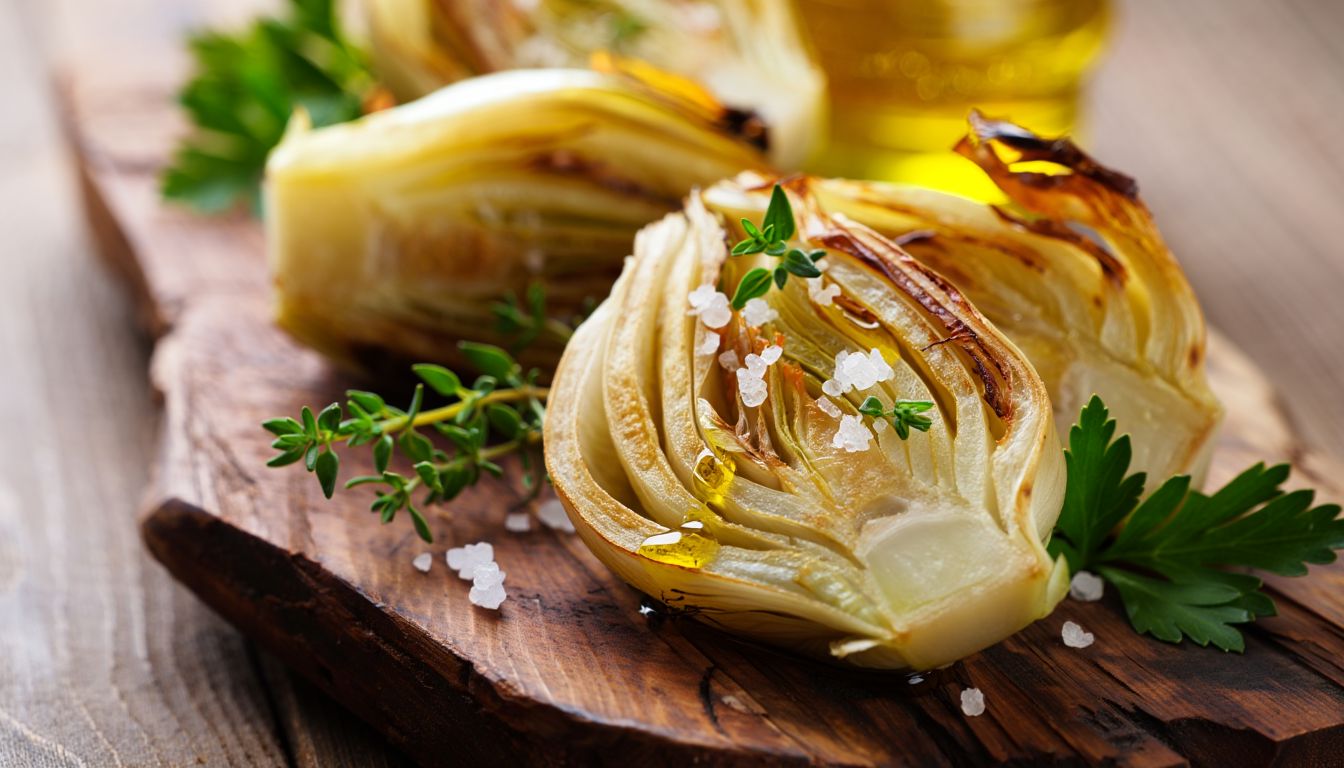Roasted fennel bulbs garnished with sea salt, thyme, and parsley on a rustic wooden board.