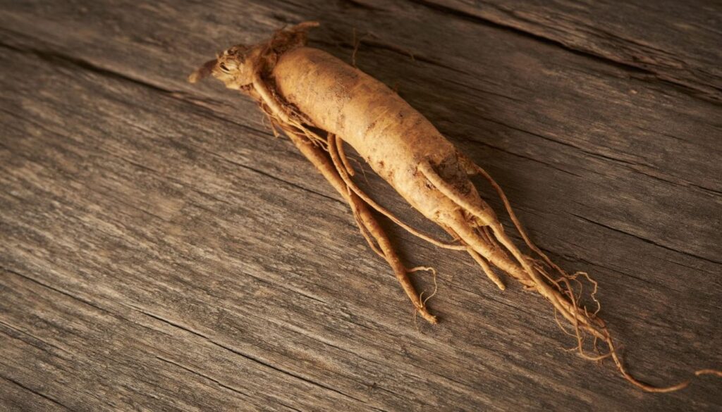 A single ginseng root with elongated tendrils resting on a rustic wooden surface.