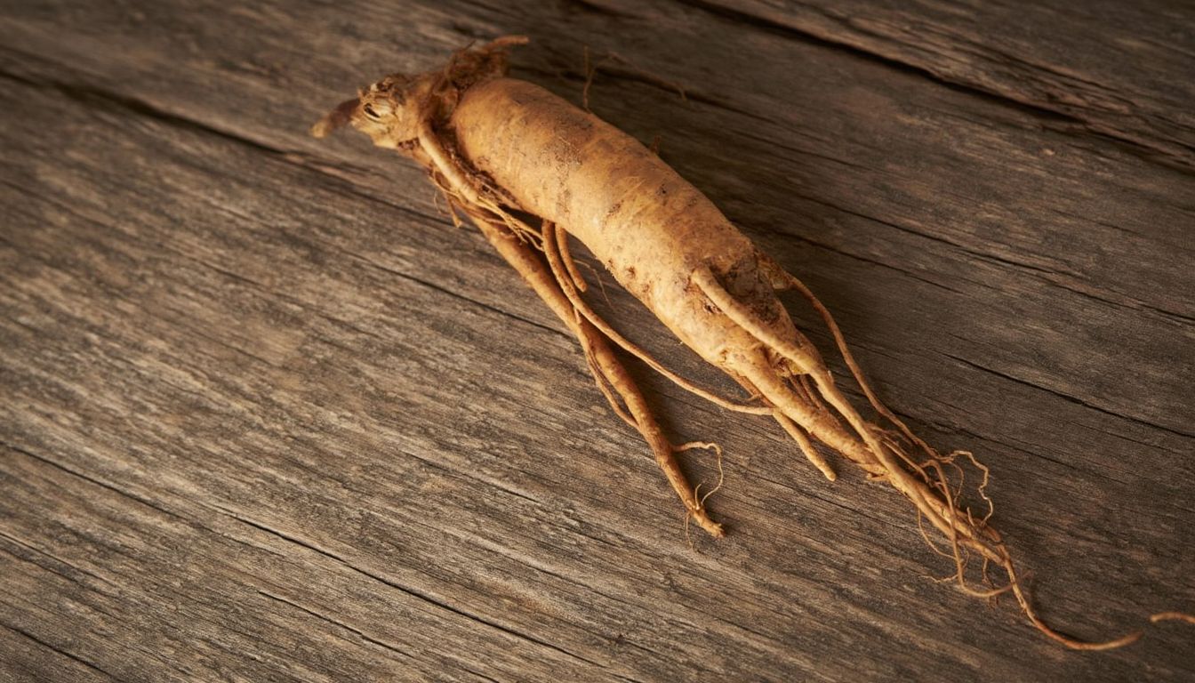 A single ginseng root with elongated tendrils resting on a rustic wooden surface.