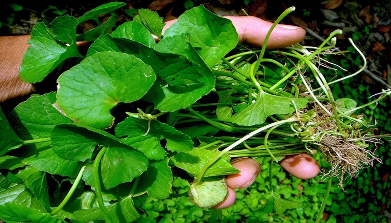 Close-up of a hand holding freshly harvested Gotu Kola plants with green round leaves and thin stems, showing their natural appearance and roots.