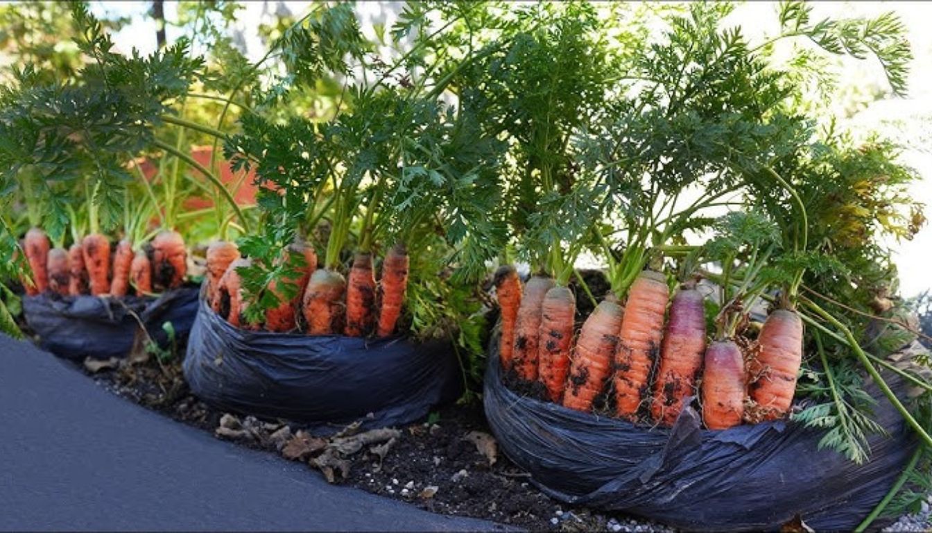 Carrots growing in black plastic grow bags with orange roots and green tops visible above the soil.