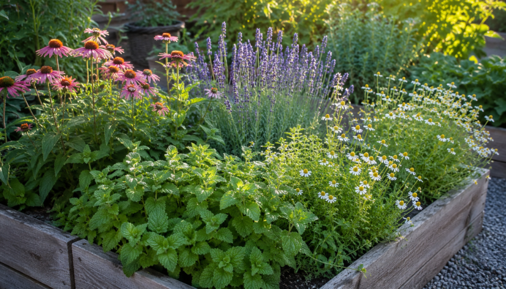 Raised wooden garden bed filled with medicinal herbs such as echinacea, lavender, chamomile, and mint growing in full sunlight.