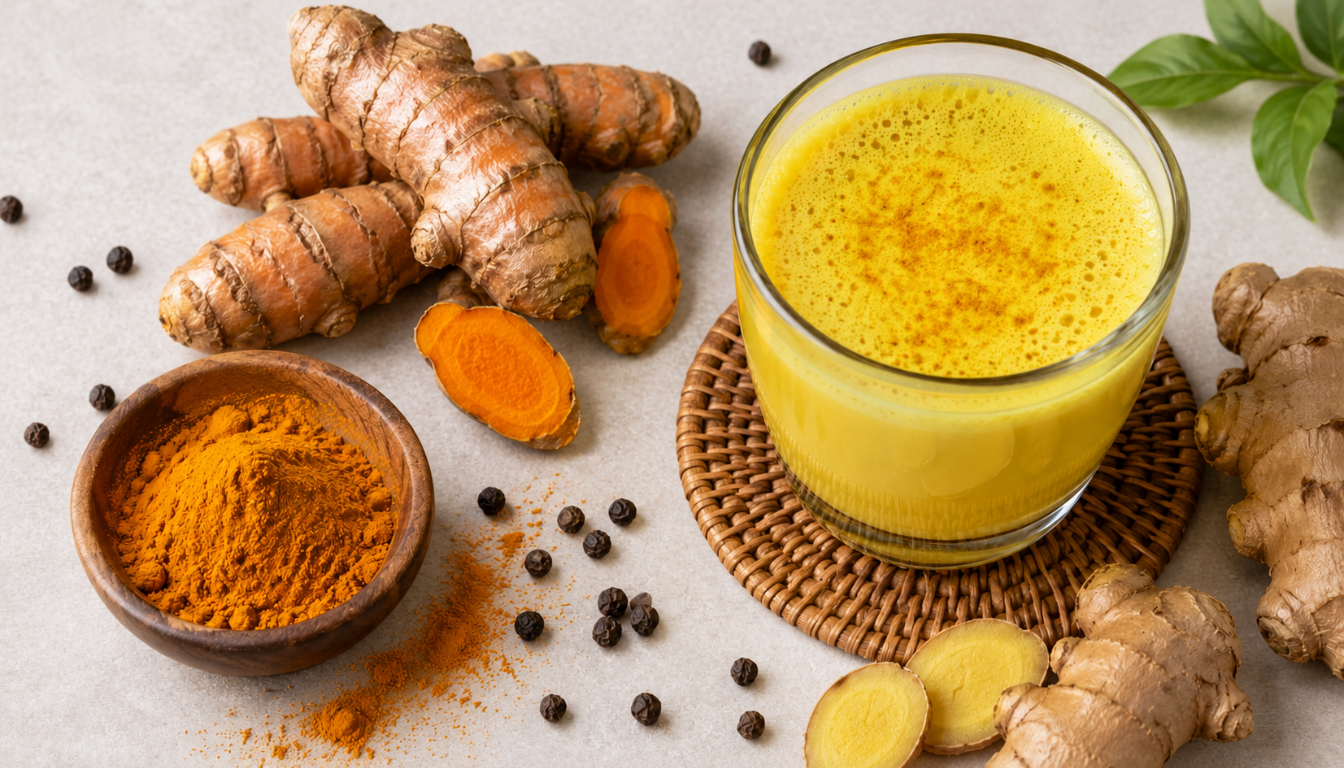 A glass of golden turmeric milk sits on a surface surrounded by fresh turmeric root, ginger, turmeric powder, and black peppercorns.