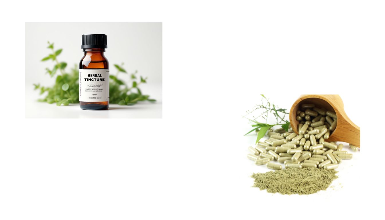A small amber bottle labeled “Herbal Tincture” beside a wooden scoop spilling green herbal capsules onto a light surface, with fresh green leaves in the background.