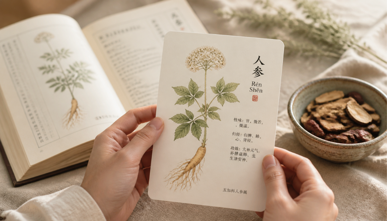 Illustrated study cards of traditional Chinese medicinal herbs arranged on a table, surrounded by tea, dried goji berries, a notebook with handwritten notes, and a classic Chinese medicine text.