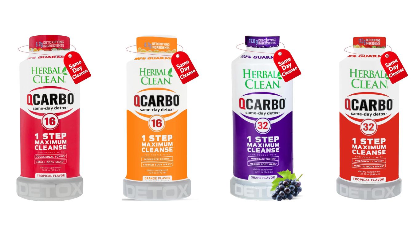 Bottles of Herbal Clean QCarbo detox drinks in different flavors and strengths, including QCarbo16 and QCarbo32, arranged side by side for comparison.