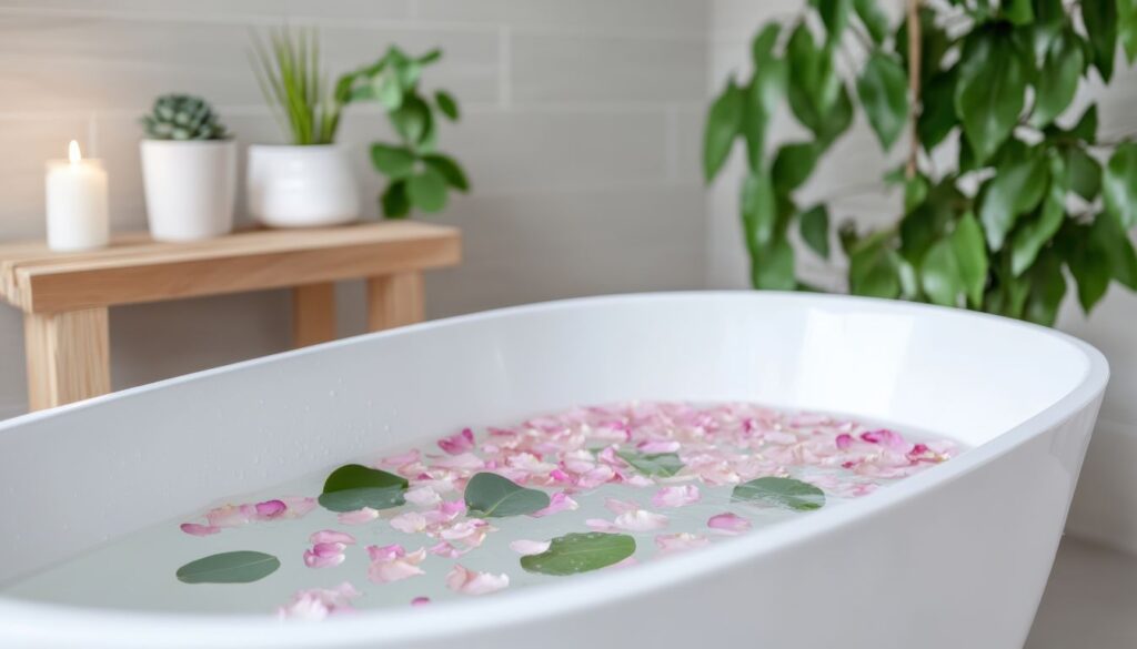 A white bathtub filled with water, pink flower petals, and green leaves. A wooden bench with a lit candle and potted plants sits in the background.
