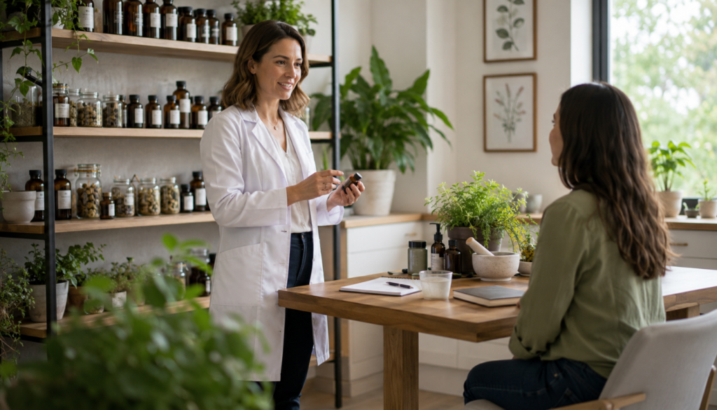 A herbal medicine doctor consulting with a patient at a wooden table, surrounded by natural remedies, plants, and jars of herbs.