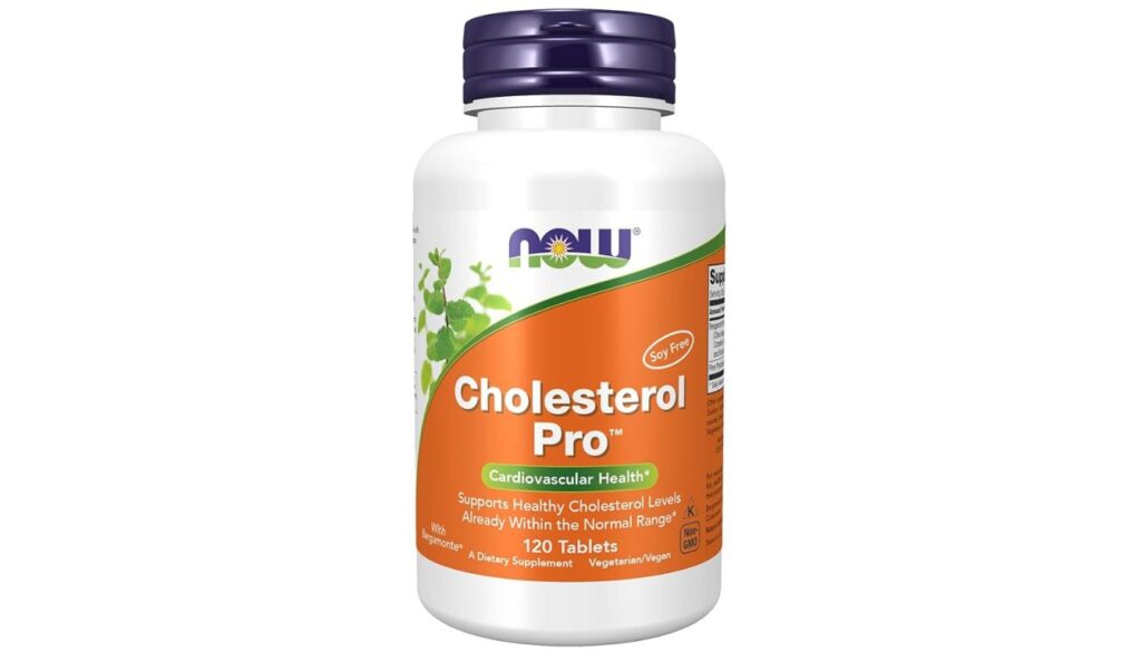 White bottle of NOW Supplements Cholesterol Pro™ with Bergamonte™, featuring an orange label and blue cap.