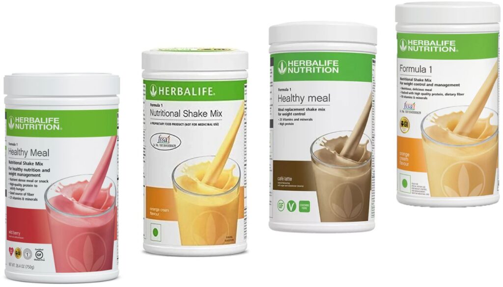 Four Herbalife Nutrition Formula 1 shake mix containers in assorted flavors, displayed in a row against a white background.