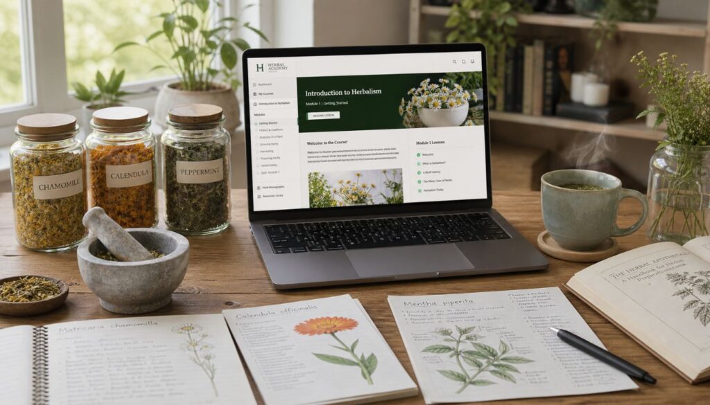 A cozy herbalism study setup with dried herbs, a mortar and pestle, handwritten notes, and a laptop displaying an online herbalism course.