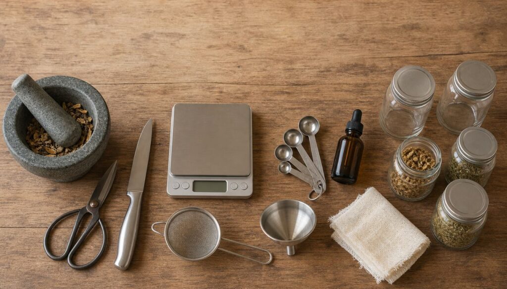 A neatly arranged collection of herbalist tools on a wooden surface, including a mortar and pestle, digital scale, jars of dried herbs, measuring spoons, and a dropper bottle.