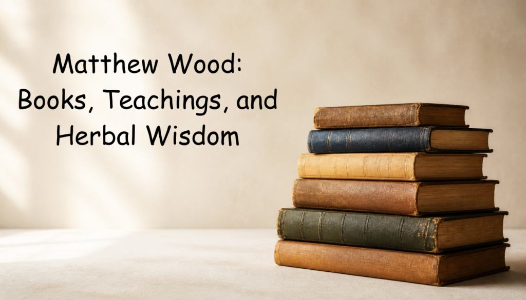 A stack of vintage hardcover books in muted earth tones, arranged against a neutral background with the text “Matthew Wood: Books, Teachings, and Herbal Wisdom.”
