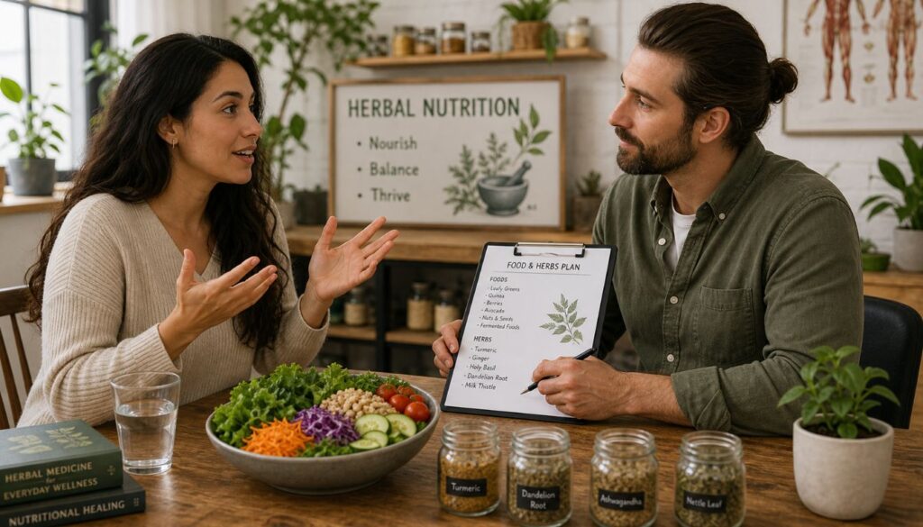 Two people discussing a food and herbs wellness plan at a table with a large salad, herbal jars, and nutrition books.