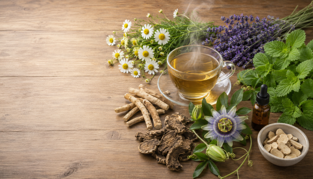 A cup of steaming herbal tea surrounded by chamomile, lavender, mint, passionflower, dried roots, and small herbal tincture bottles on a wooden table.