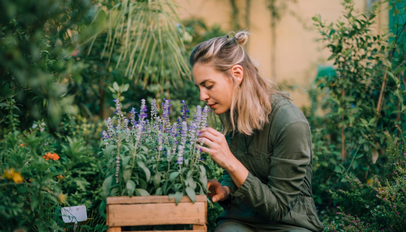 Flat lay of a steaming cup of herbal tea surrounded by bowls of dried chamomile, lemon balm leaves, fresh lavender sprigs, and a small pile of ashwagandha powder on a rustic wooden surface.