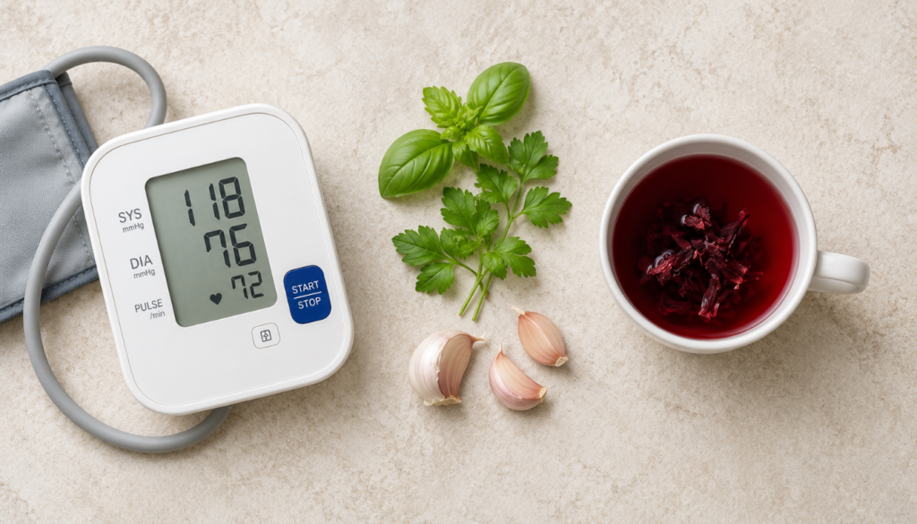 A digital blood pressure monitor beside fresh herbs, garlic cloves, and a cup of red herbal tea on a table.