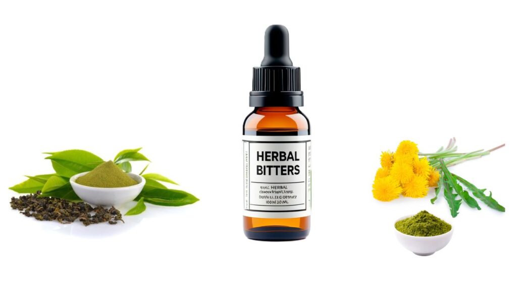 A dropper bottle labeled “Herbal Bitters” sits between dandelion flowers with a bowl of dandelion powder and gentian leaves with a bowl of gentian powder.