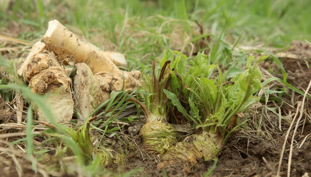 Freshly harvested horseradish roots with green leaves still attached, displayed in a natural garden setting.