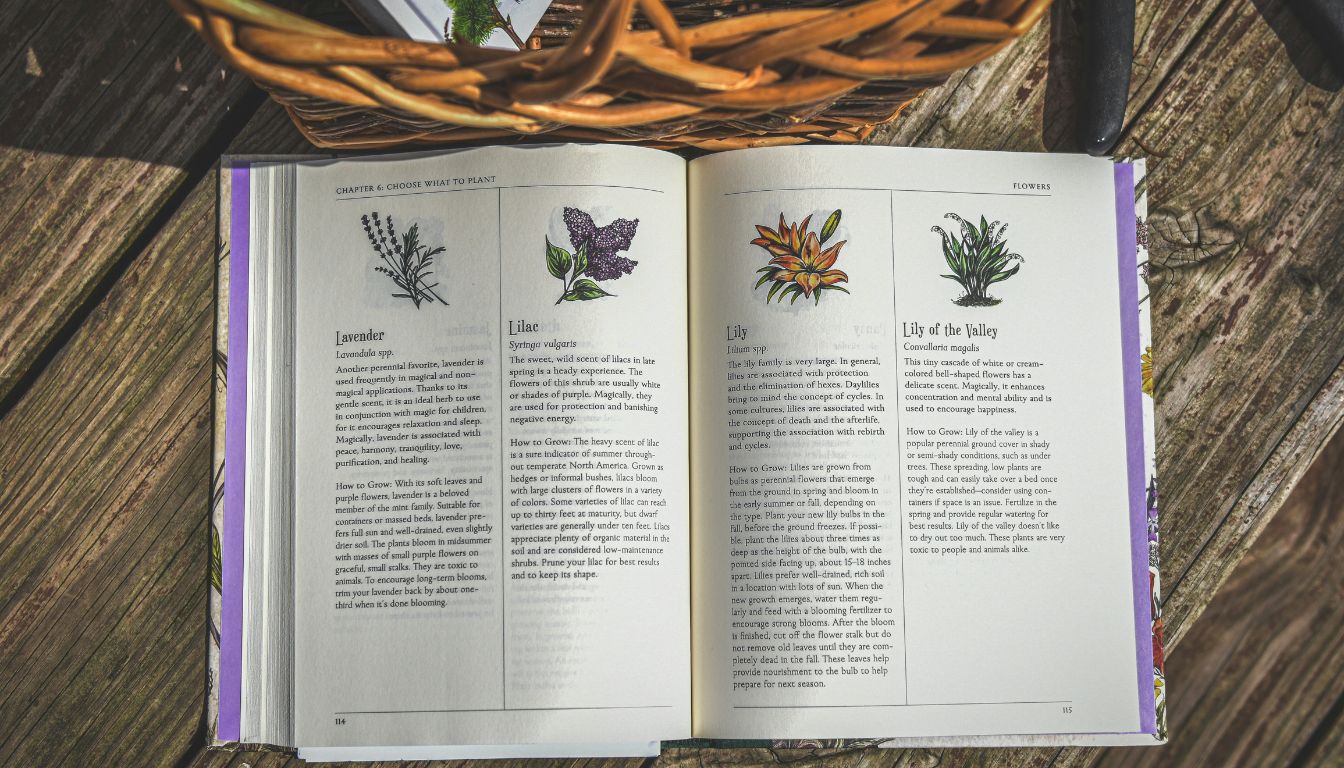 Open book on a wooden table showing illustrated pages about lavender, lilac, lily, and lily of the valley, highlighting their properties and growing tips.