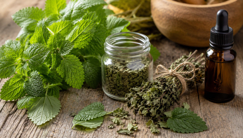 Fresh lemon balm leaves, a jar of dried herbs, and a brown glass dropper bottle arranged on a rustic wooden surface.
