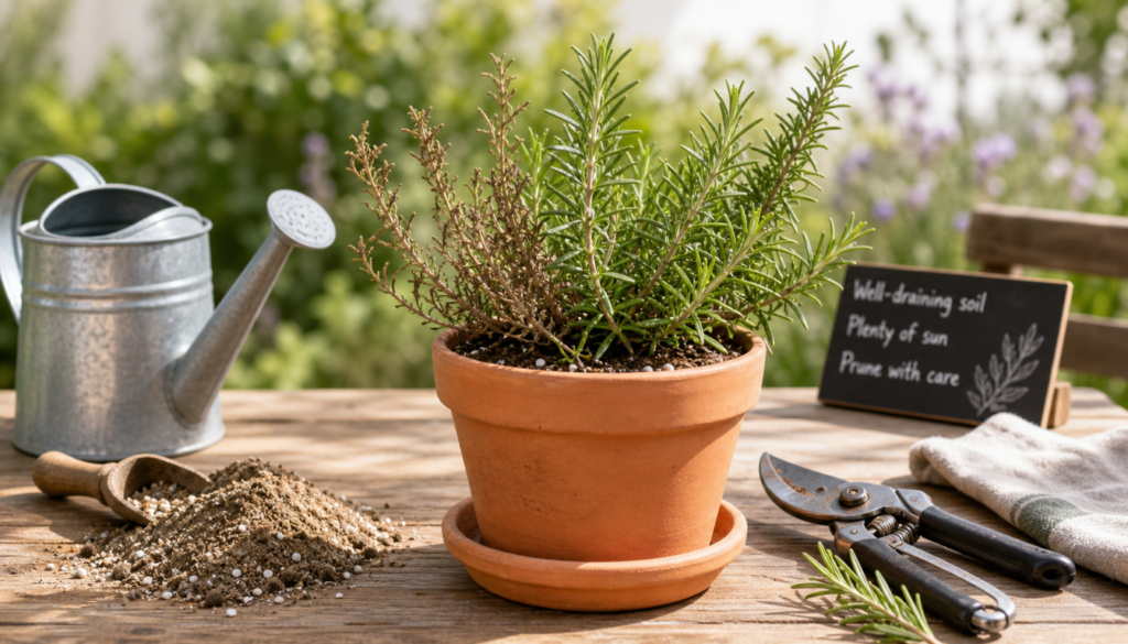 A potted rosemary plant with both green and dried brown stems on an outdoor table, surrounded by gardening tools, soil, fertilizer, and a watering can.