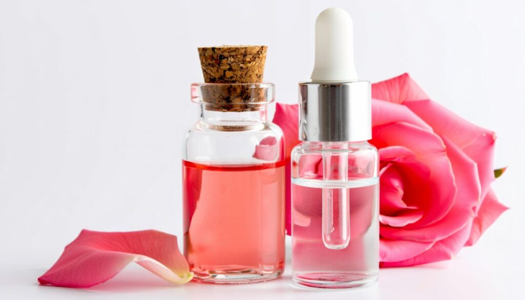 Glass bottles of rose water and witch hazel with pink rose.