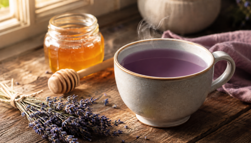 A steaming mug of lavender tea sits on a rustic wooden table beside a jar of honey, a honey dipper, and a small bundle of dried lavender flowers.