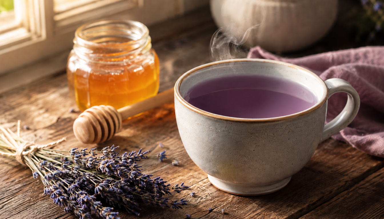A steaming mug of lavender tea sits on a rustic wooden table beside a jar of honey, a honey dipper, and a small bundle of dried lavender flowers.