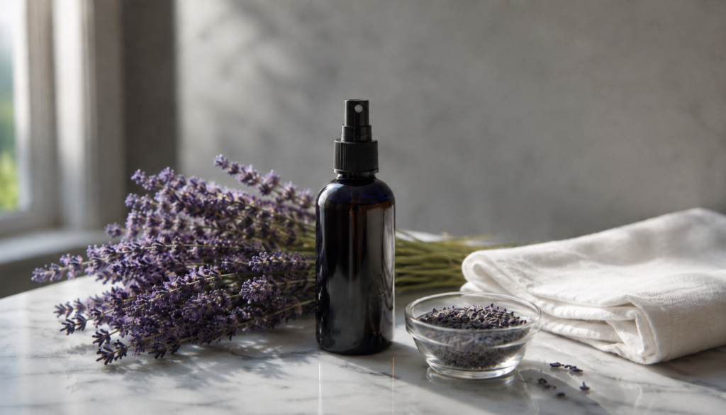 A dark glass spray bottle sits beside fresh lavender stems and a small bowl of dried lavender on a sunlit marble surface.