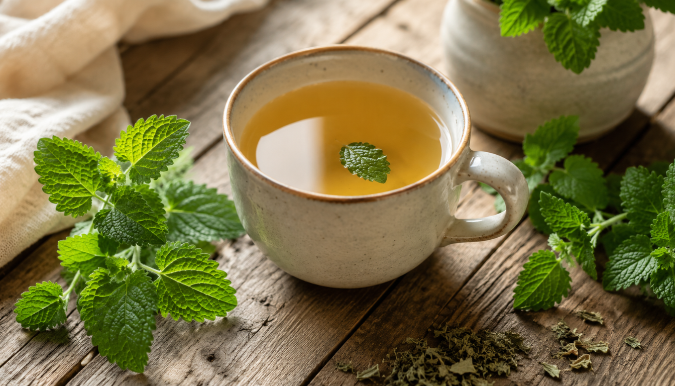 A cup of lemon balm tea with a fresh green leaf floating on top, surrounded by fresh and dried lemon balm leaves on a rustic wooden table.
