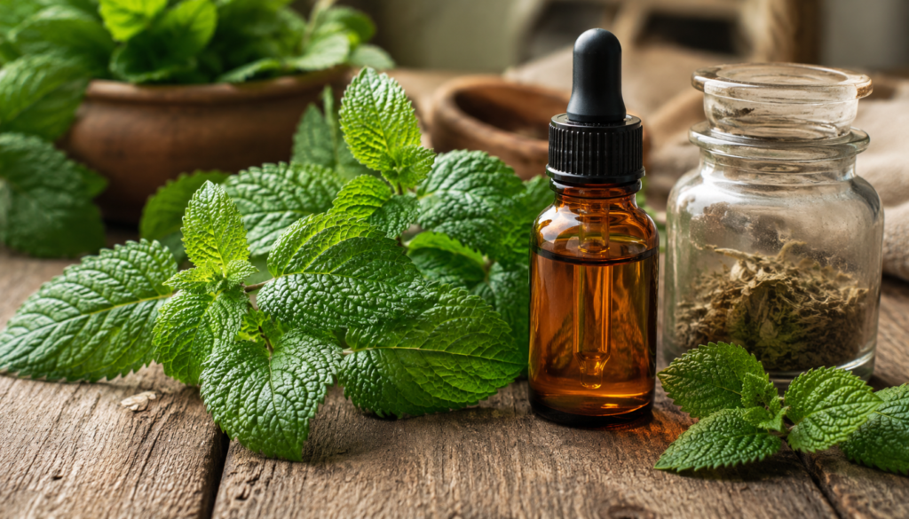 Fresh lemon balm leaves arranged on a rustic wooden surface beside a small amber dropper bottle and a jar of dried herbs, suggesting ingredients for making a homemade tincture.