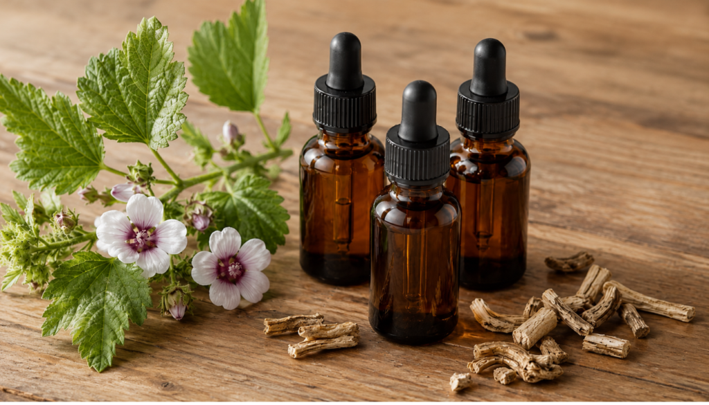 Three small amber dropper bottles sit on a wooden surface beside dried marshmallow root pieces and a sprig of green leaves with pale purple flowers.