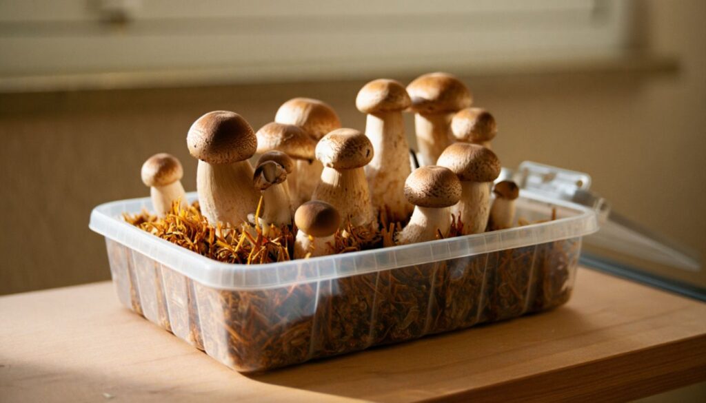 Flat lay of a laptop keyboard beside a steaming cup of chamomile tea, a small bowl of dried eyebright flowers, and a cool cloth compress.