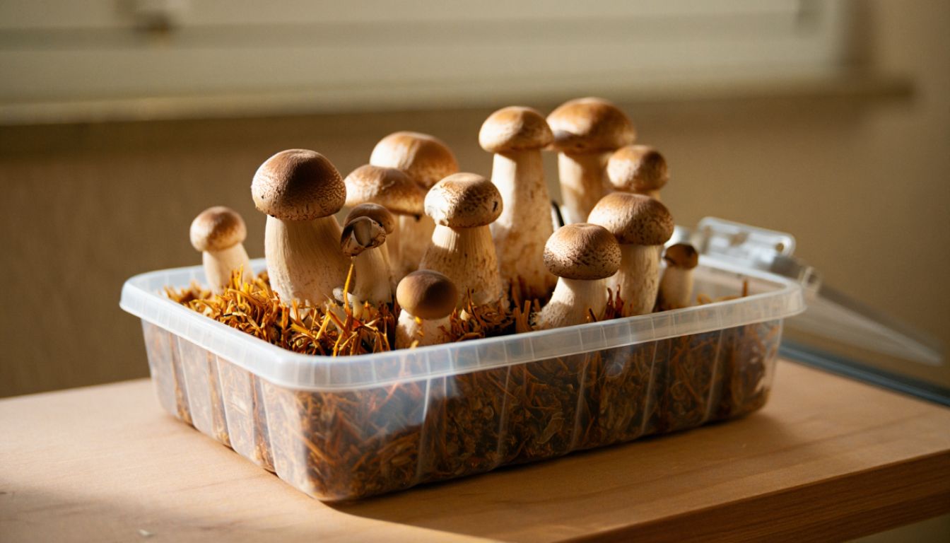 Flat lay of a laptop keyboard beside a steaming cup of chamomile tea, a small bowl of dried eyebright flowers, and a cool cloth compress.