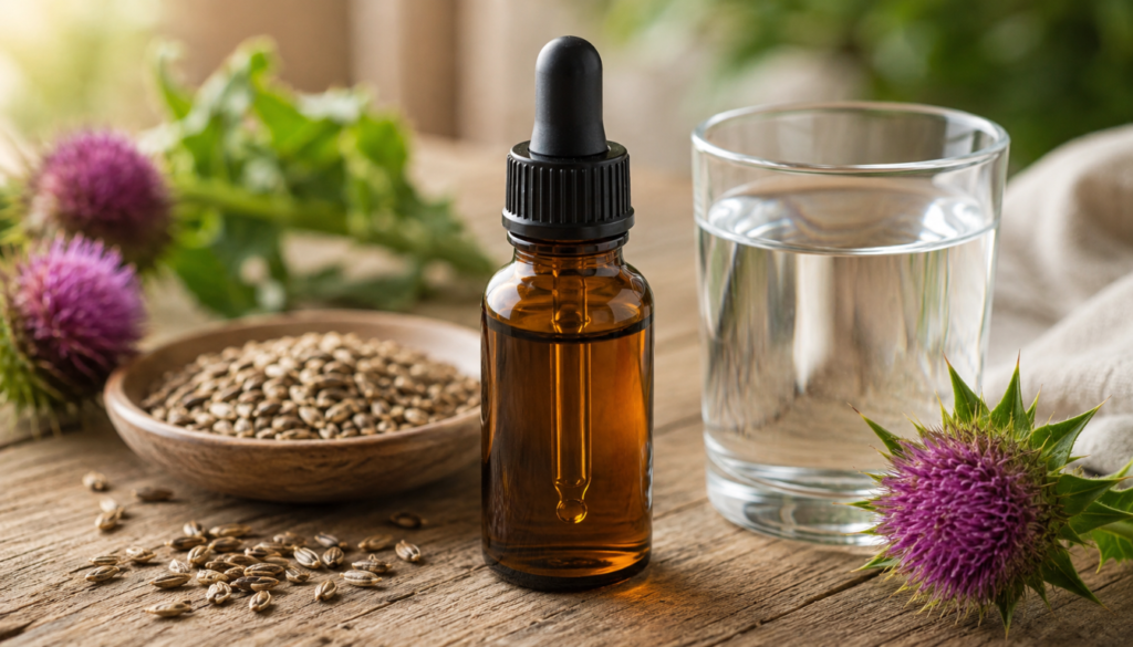 An amber dropper bottle placed beside a glass of water, a wooden bowl of milk thistle seeds, and a purple thistle flower on a wooden surface.