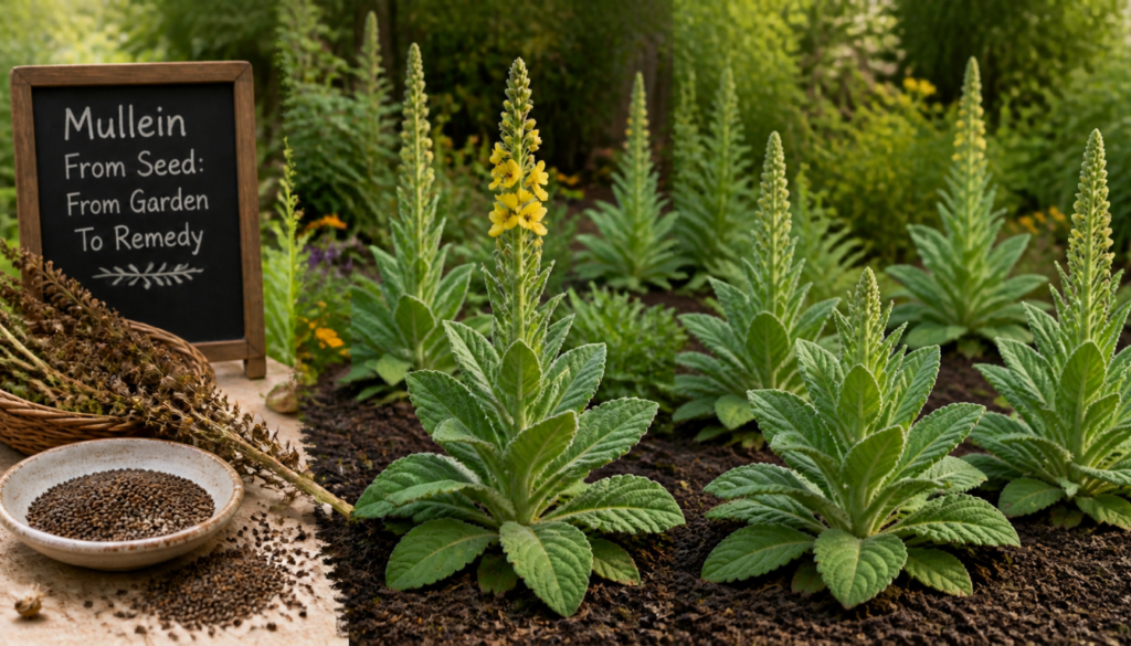 Mullein plants growing in a garden beside a small chalkboard sign, with dried seed stalks and a bowl of mullein seeds displayed in the foreground.