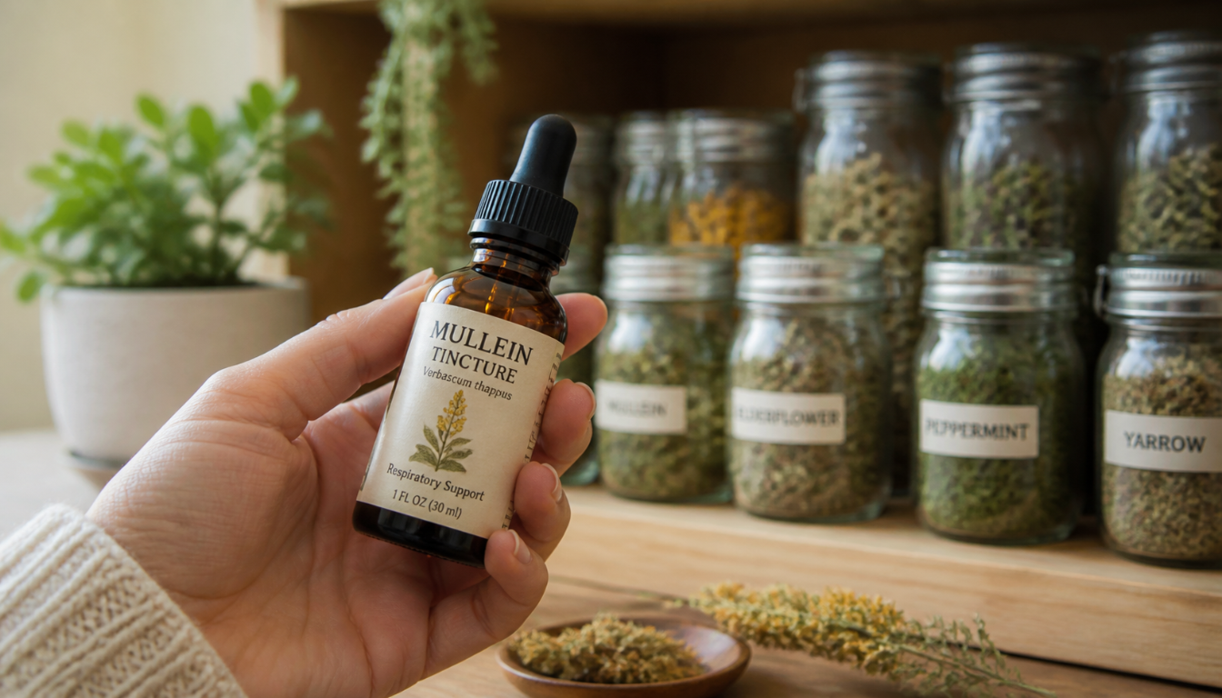 A hand holds a small amber bottle labeled “Mullein Tincture” in front of jars filled with dried herbs like mullein, elderflower, peppermint, and yarrow on a wooden herbal‑apothecary table.