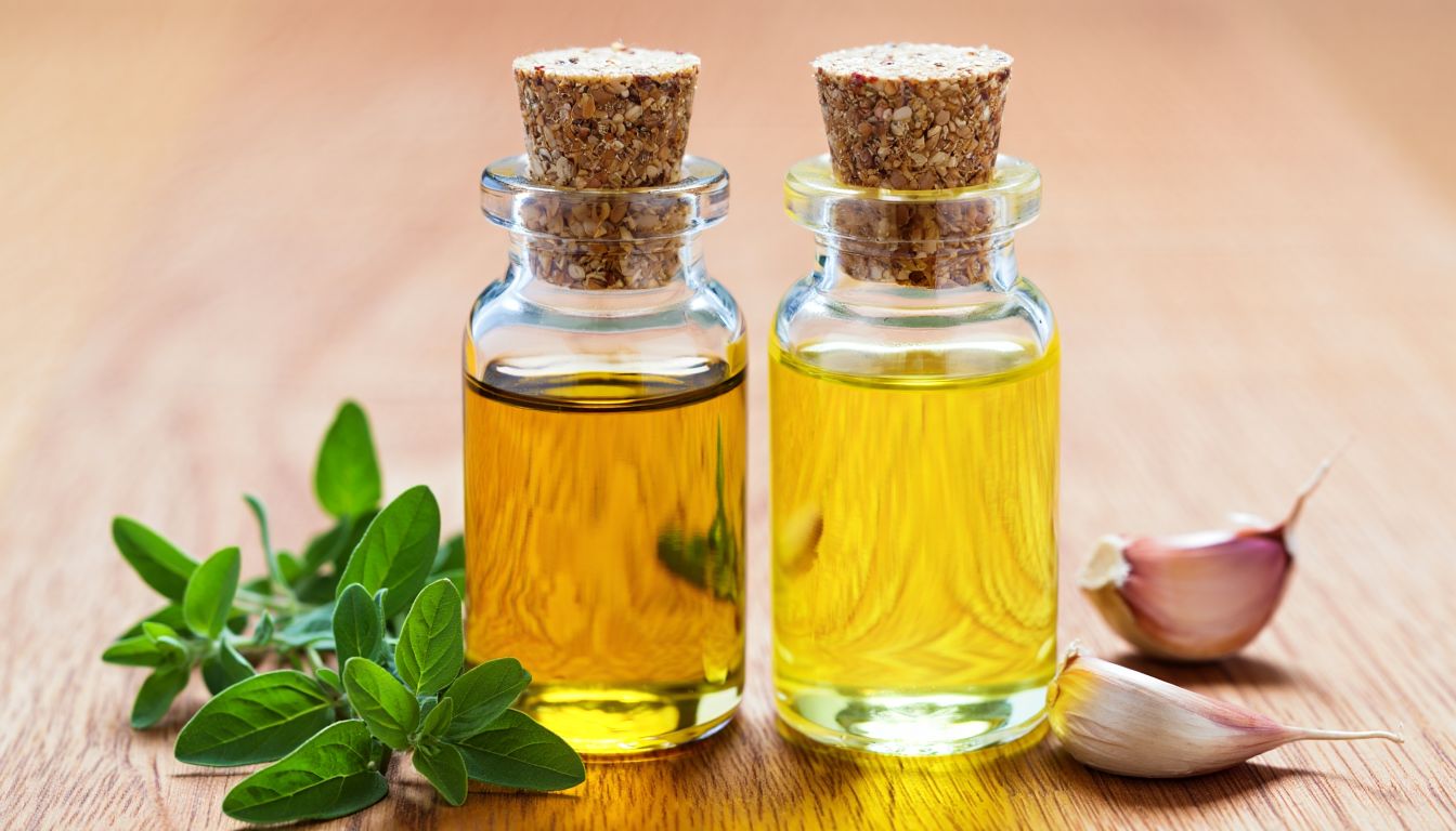 Two cork-stopped glass bottles of pale yellow oil on a wooden surface, one beside fresh oregano leaves and the other beside garlic cloves.